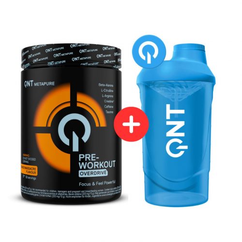 QNT Pre Workout Overdrive Mango Massacre 390 g + QNT SHAKER 500 ML KÉK