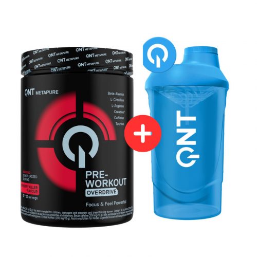 QNT Pre Workout Overdrive Raspberry Killer 390 g + QNT SHAKER 500 ML KÉK 