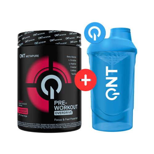 QNT Pre Workout Overdrive Wild Cherry Lime 390 g+ QNT SHAKER 500 ML KÉK